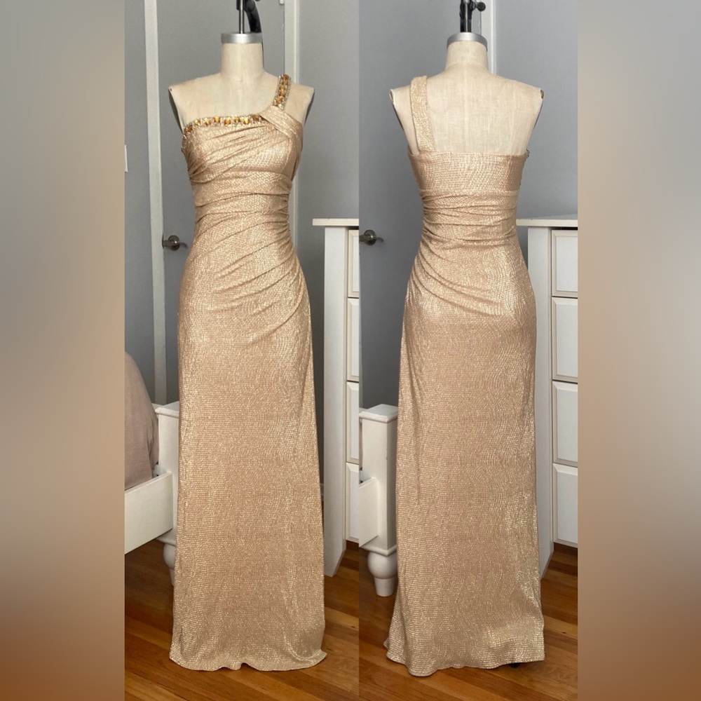 Womens Gold metallic stretch asymetrical dress w/beading in size 2